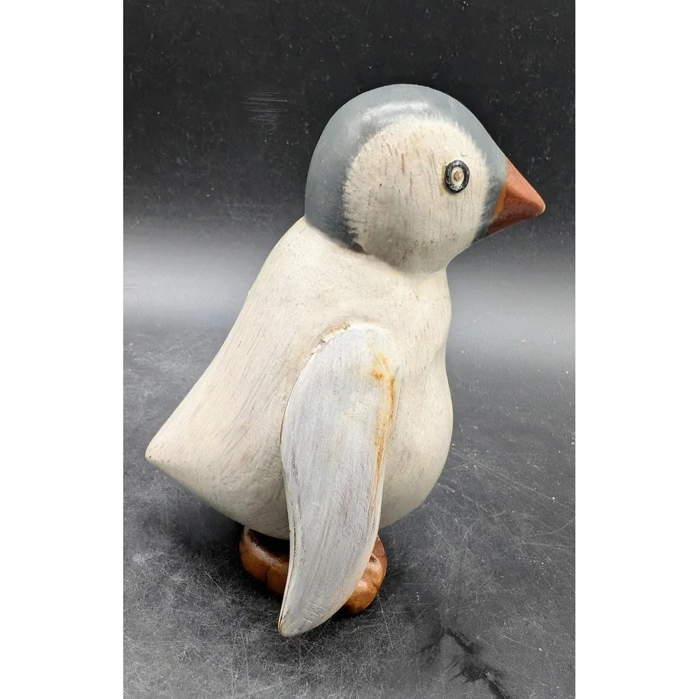 DCUK Hand Carved Bamboo Root Penguin Chick Figurine Grey White Wood Bird Decor